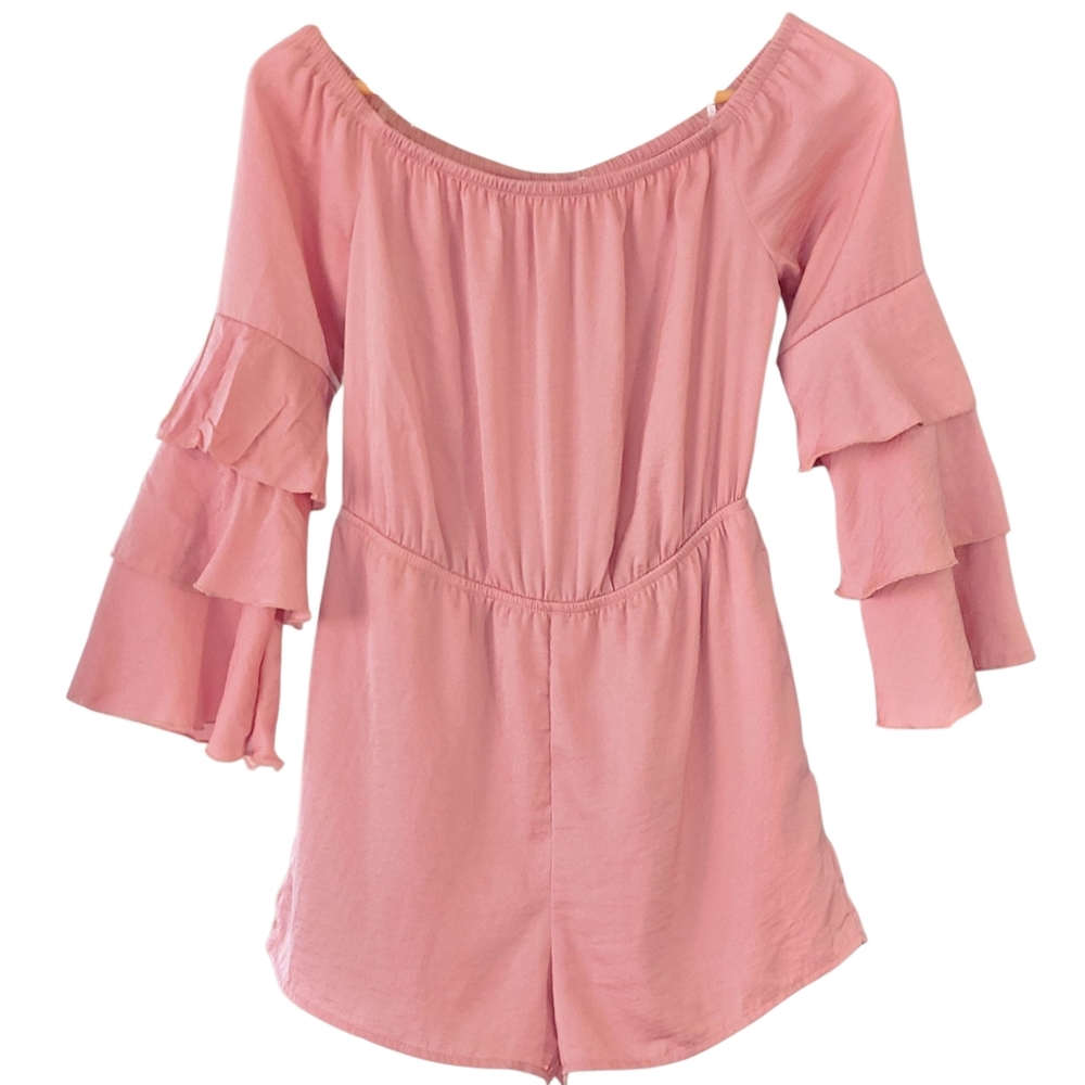 Charlotte Russe Blush Pink Off-Shoulder Romper Satiny Ruffle Sleeve Small